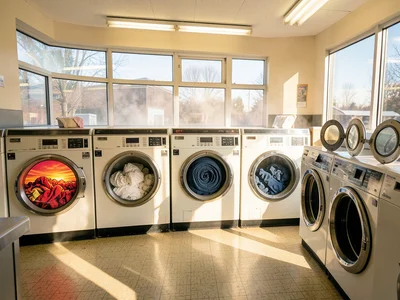 A row of eight front-loading washing machines in a 1960s laundromat, the nearest
