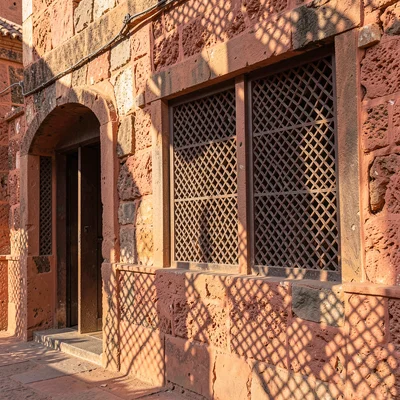 Afternoon sun through mashrabiya lattice in Lamu, Kenya, Coral stone wall textur