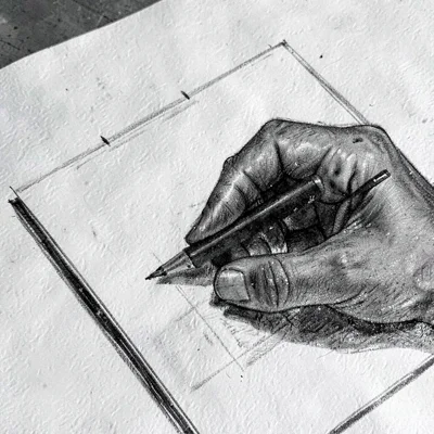 charcoal of a hand pausing over a blank page, deep graphite shading