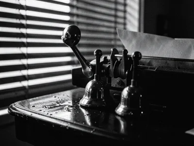 Typewriter carriage return lever and bell mechanism, chrome and enamel detail