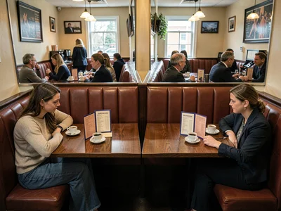 Diner booth with identical coffee cups, identical menus, identical people who ar