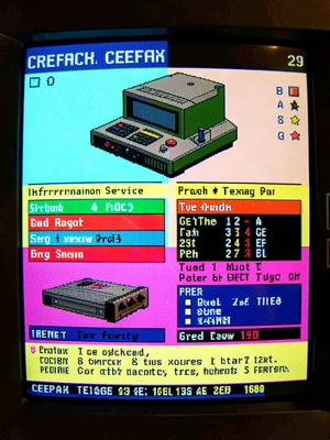 Video game console as teletext product page, specs listed, crude pixel rendering