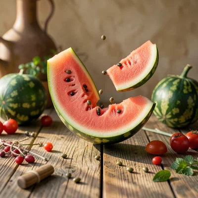 Watermelon sliced where each slice hovers apart showing the cut, seeds suspended