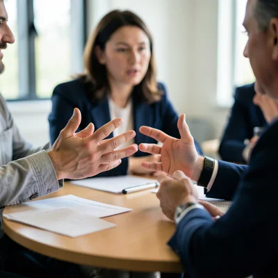 Close-up of hands gesturing during a passionate pitch at a round table