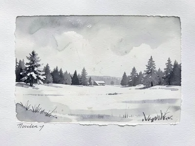 Monoprint of winter landscape, snow tones from gentle ink transfer