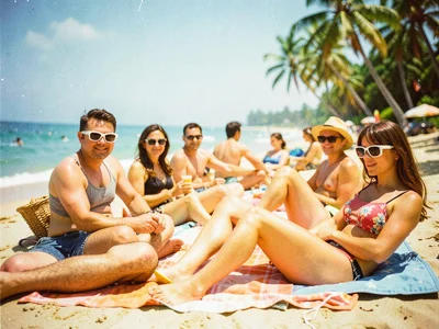 Beach vacation from 1960s, sunbathers with modern sunglasses styles