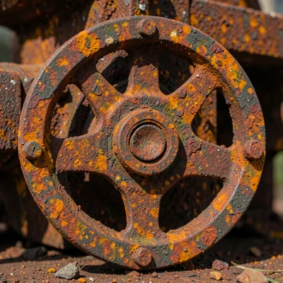 Industrial valve wheel covered in rust, mechanical decay portrait