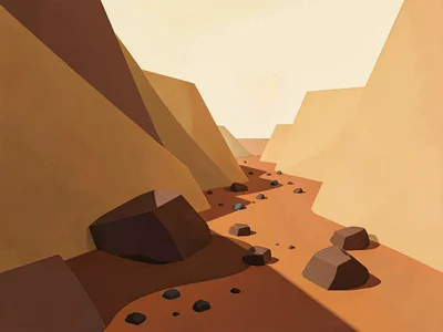 Boulder-strewn rust-orange wash curves between ochre canyon walls under a sun-bl