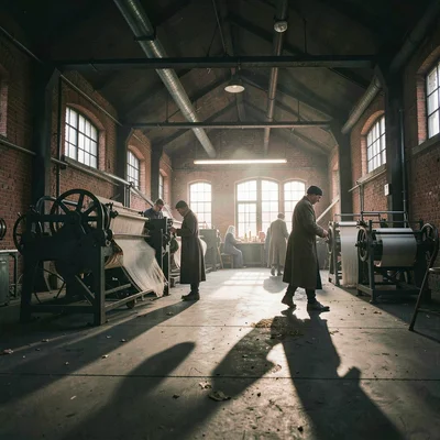 Textile factory ghosts in industrial Łódź, weaving machine shadows stretching ac