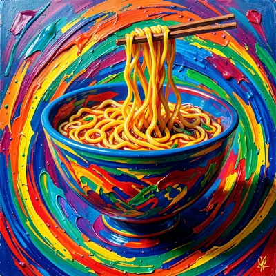 Swirling liquid paint that forms the shape of a ramen bowl with floating noodles
