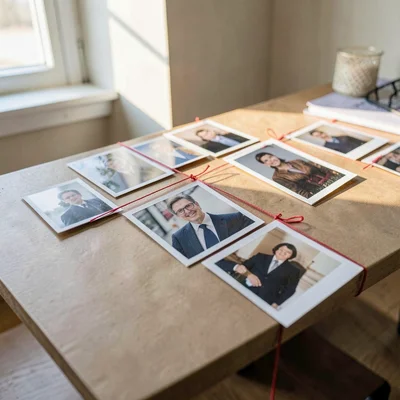 Research board of pinned photographs and index cards connected by red thread, so