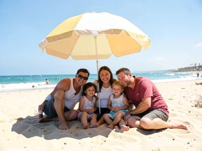 A family huddled under a single beach umbrella at midday, everyone squeezed into
