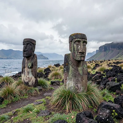 Edge-of-world isolation on Rapa Nui, Petroglyph stones worn by wind and time, gr