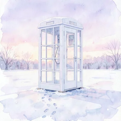 A pristine white phone booth standing alone in a frozen field at dawn, pastel la