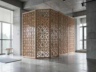 Geometric mashrabiya screen as room divider in modern concrete loft
