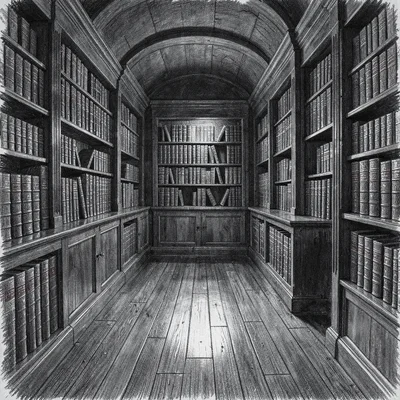 Charcoal drawing of a dim antiquarian shop interior with a bowed wooden floor, l