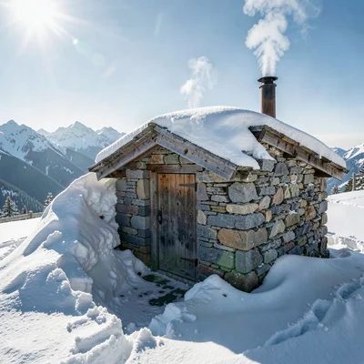 Crystal clear high-altitude light, sharp mountain air quality, A small stone she