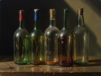 Collection of antique bottles with dregs and sediment, colored glass, dust, afte