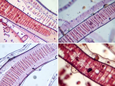 Polarized light microscopy of muscle fiber, striated banding pattern visible und