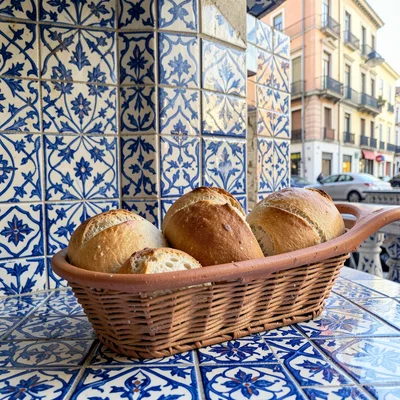 Azulejo tile geometry, Portuguese ceramic culture, Fresh bread rolls in a terrac