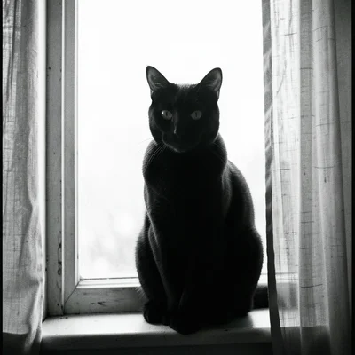 A cat sitting in a window frame, backlit by bright daylight, its silhouette cris
