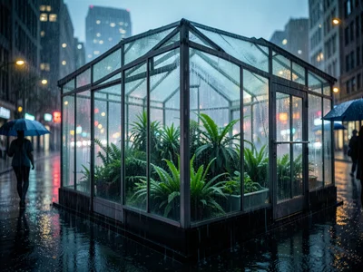 A glass greenhouse in the rain, water streaming down the panes, lush green plant