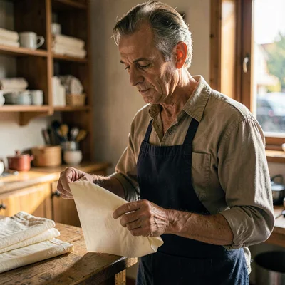 Quiet portrait of a shopkeeper wrapping a folded muslin in cream paper, warm sid