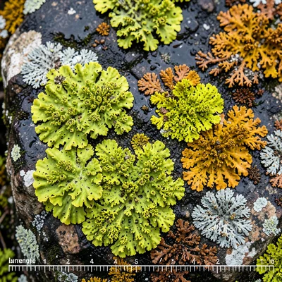 Map lichen on spring boulder, rain-darkened stone, vivid chartreuse patches