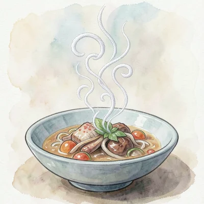 Food photo where steam rising from dish becomes white embroidered swirls