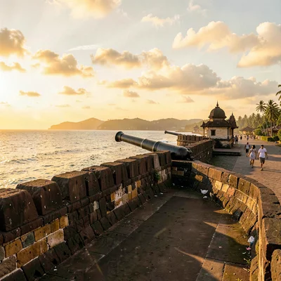 Galle fort golden hour, Dutch colonial tropical, Rampart wall stretching to hori