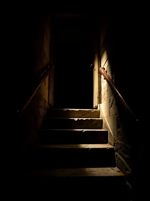A crypt staircase descending into ink-black depth, only the topmost three steps 
