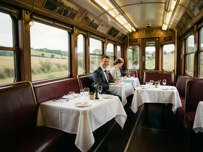 A train dining car in burgundy and brass, white tablecloths, countryside rushing