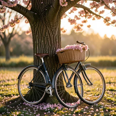 Bicycle leaning against cherry tree trunk, basket full of pink petals