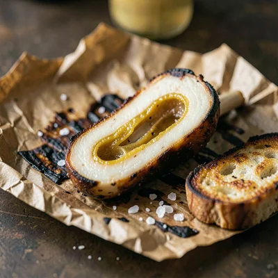 Whole roasted bone-marrow halved lengthwise on charred parchment, deep golden in