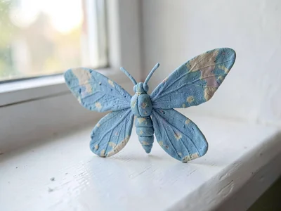 Fluttering faded-blue moth with thumb-pressed wings and a fingernail-segmented b