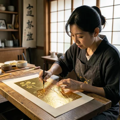 Kanazawa gold leaf craft, extreme delicacy, woman applying gold to silk screen p