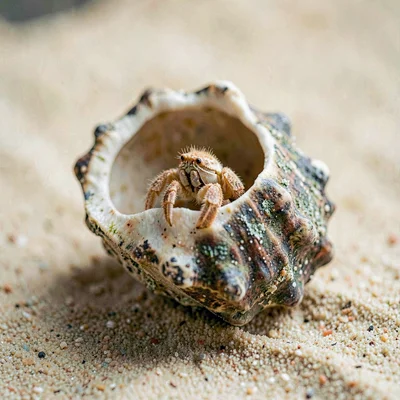 weathered shell with hermit crab peeking out, mineral-style