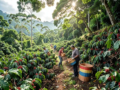 Coffee Harvest Workers Moving Through Colombian Hillside Rows