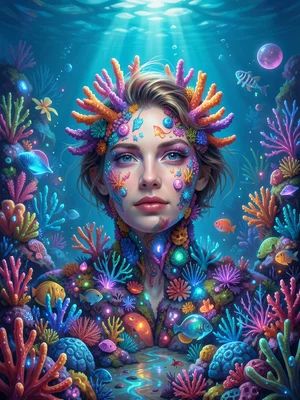 Portrait made of coral and sea life, underwater feel, bioluminescent accents