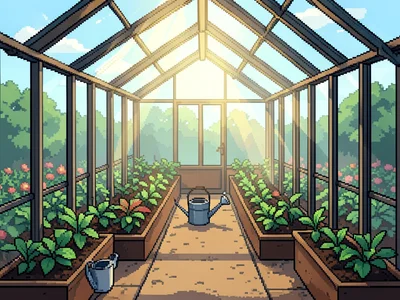 A pixel art greenhouse: glass walls, rows of plants, a watering can, sunlight st