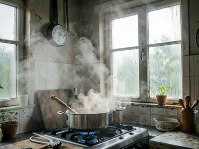 Humid kitchen while cooking, steam accumulating, windows running with moisture
