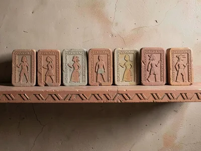 Row of clay stamp seals with geometric patterns arranged on terracotta shelf