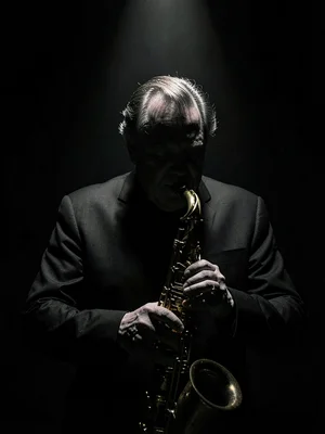 Jazz musician in single spotlight