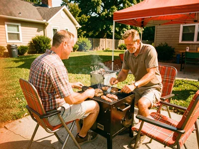 Suburban barbecue scene, dad at charcoal grill, plaid lawn chairs, warm skin ton