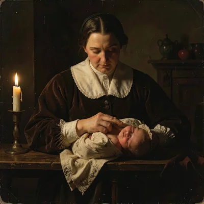 Midwife's hands swaddling a newborn, amber candle light, everything beyond the b