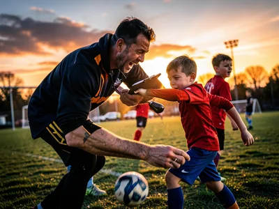 Dad coaching kid's soccer practice, clipboard, whistle, field at sunset