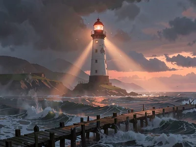 Storm-battered lighthouse beam cutting through sea fog at dusk, warm coral light