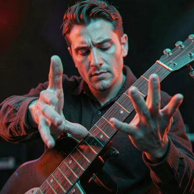 Anaglyphic stereo 3D photograph, Hands reaching toward camera with guitar neck e