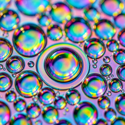 Oil drops on water reflecting rainbow light from below, full spectrum macro