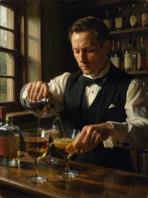 A bartender mixing a cocktail, the golden liquid catching light as it pours betw